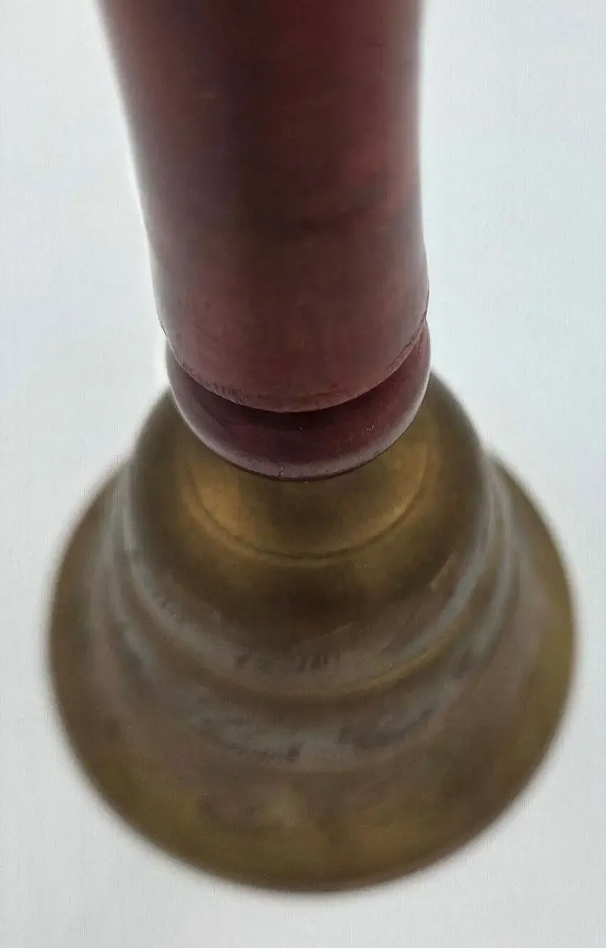 Vintage Handcrafted Brass Bell With Wooden Handle Etched India